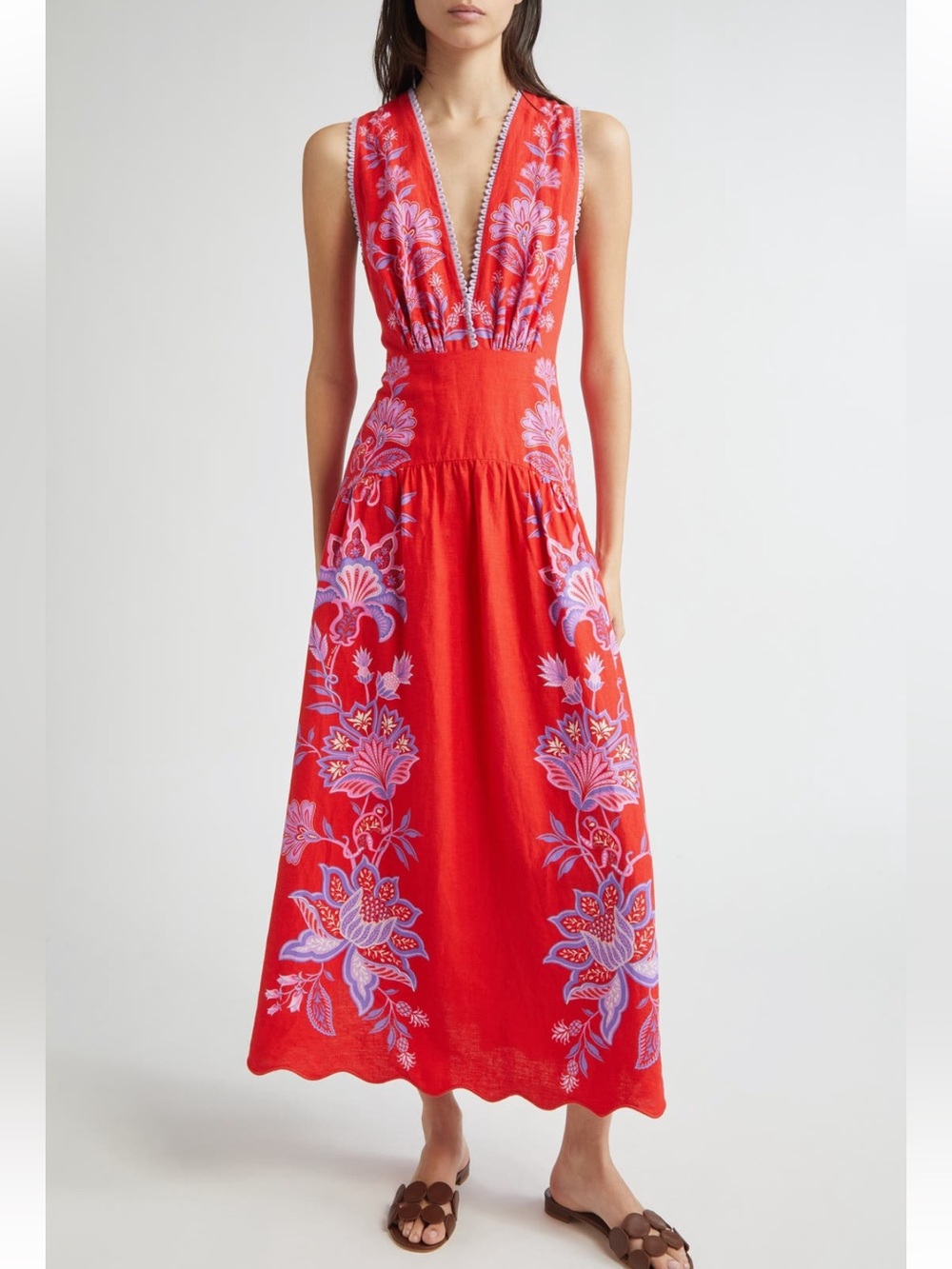 Farm Rio Porcelain garden floral linen maxi dress scallop floral embroidery